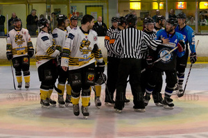 The teams are kept separate after altercations during the handshakes